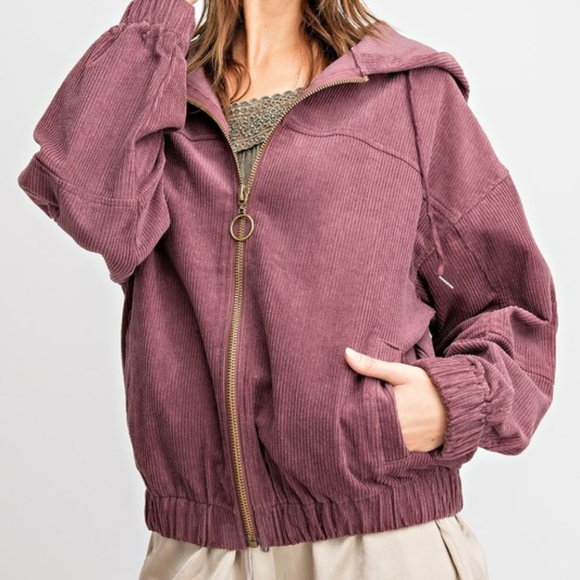 easel Jackets & Coats Faded Plum Corduroy Zip Up Hoodie Jacket